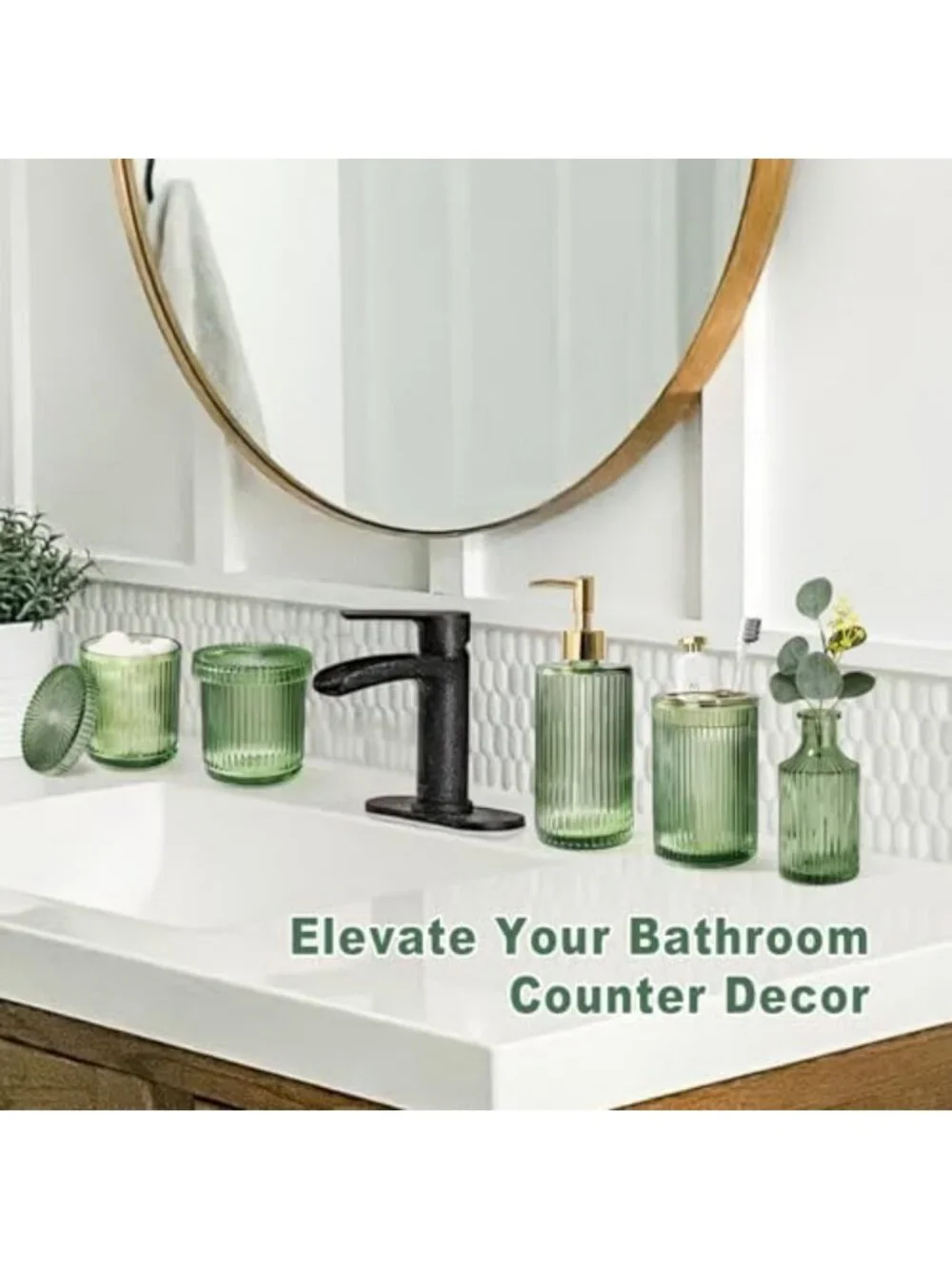Vintage Green Bathroom Accessory Set - 5 Pcs Glass Decor, Soap Dispenser & More